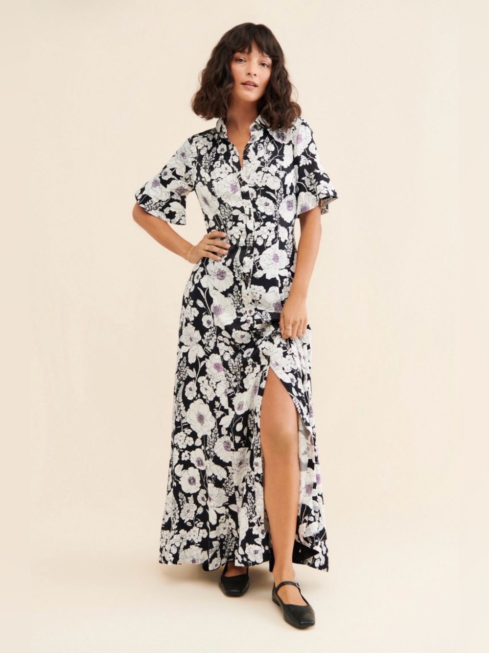 Anthropologie Black Floral Short Sleeve Shirt Dress 2X